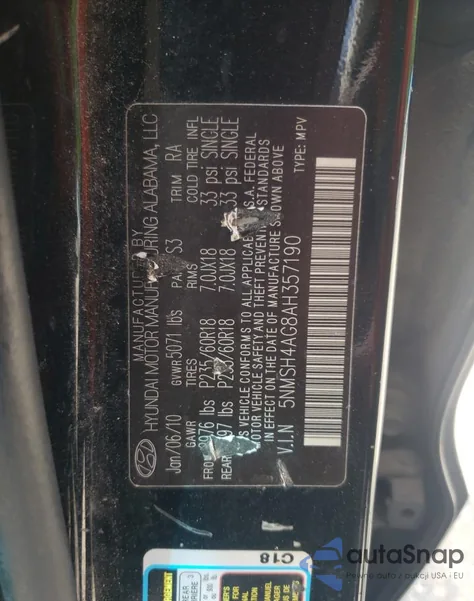 2010 Hyundai Santa Fe Se из США, поврежденный, VIN 5NMSH4AG8AH357190